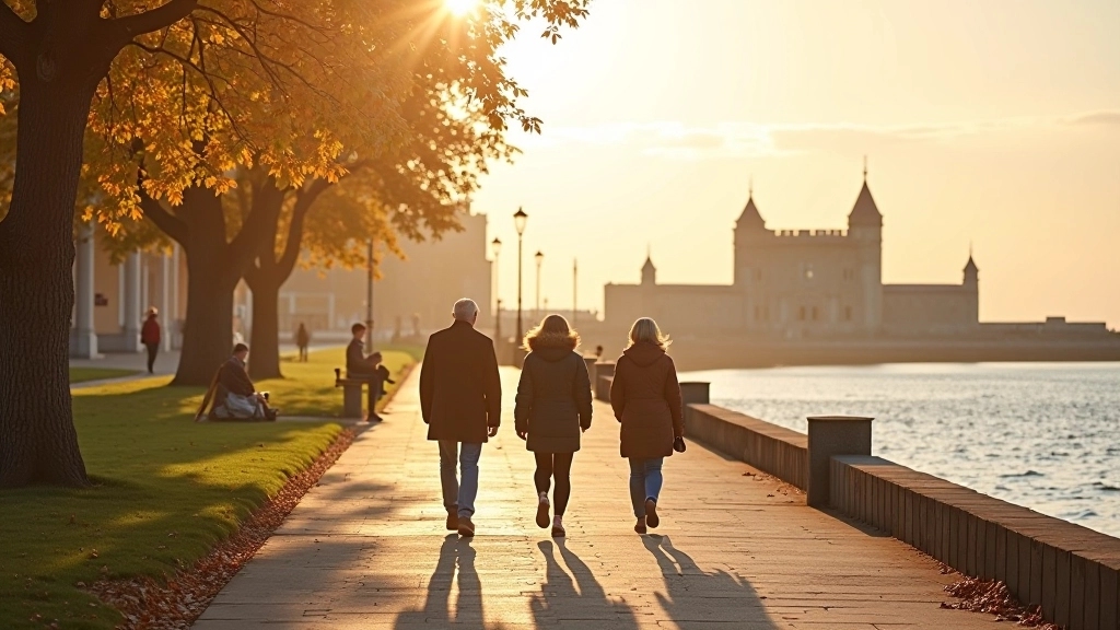 Kuressaare promenaad merepiiril, ajalooline linnus taustaks, sügisene atmosfäär, rahulik randumiskoht
