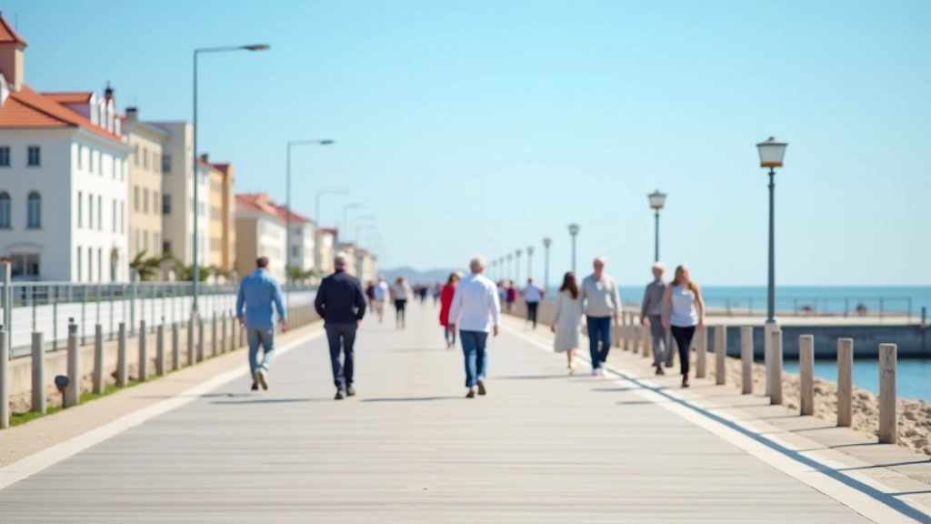 Pärnu promenaad päeval, inimesed istuvad puhkekohtades, rannahooned nähtaval, selge taevas