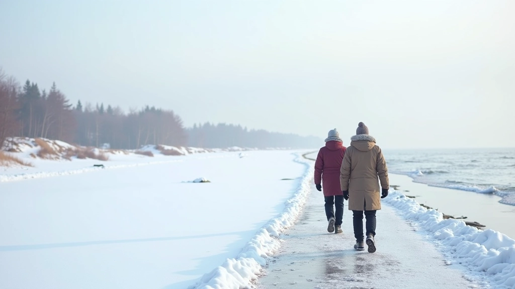 Talvine rannik, lumi ja jää, külm ilm, inimesed soojades riides